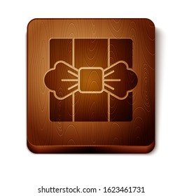 Brown Gift box icon isolated on white background. Wooden square button. Vector Illustration