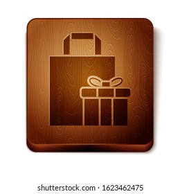 Brown Gift box icon isolated on white background. Wooden square button. Vector Illustration