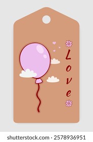 Brown gift tag featuring pink balloon, hearts, and the word Love in red. Perfect for Valentine's Day, anniversaries, or special occasions. Vector.