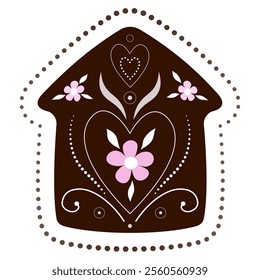 Brown gingerbread house with heart and flower. Sweet winter holiday decor. Chocolate romantic design element. Cute vector illustration isolated. Cookie christmas house card