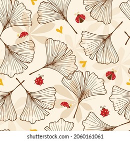 Brown Ginkgo Leaves with Lady Bugs and Hearts Vector Seamless Pattern