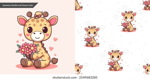 Brown giraffe and floral pattern. Cute brown giraffe holding flowers, standing on pink soil, white background, cloud and pink hearts.
