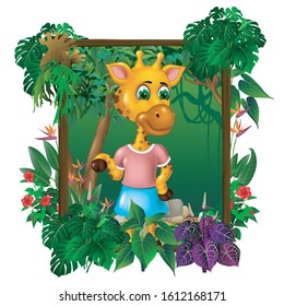 Brown Giraffe In Forest With Tropical  Plant Flower In Brown Wood Square Frame Cartoon