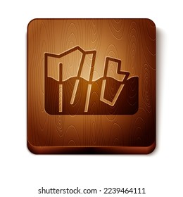 Brown Glacier melting icon isolated on white background. Wooden square button. Vector