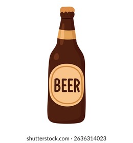 Brown glass beer bottle with beige label and cap, drawn in flat cartoon vector style.