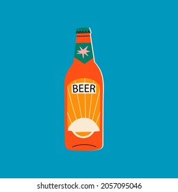 Brown glass Beer bottle. Colorful label. Hand drawn trendy Vector illustration. Isolated icon. Brewery concept. Design element for restaurant, pub. Logo, banner, poster template