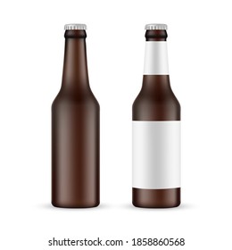 Brown Glass Beer Bottle With Label And Blank Mockup Isolated On White Background. Vector Illustration