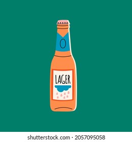 Brown glass Beer bottle. Lager beer type. Colorful label. Hand drawn trendy Vector illustration. Isolated icon. Brewery concept. Design element for restaurant, pub. Logo, banner, poster template