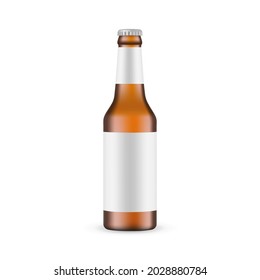 Brown Glass Beer Bottle Mockup with Blank Label, Front View, Isolated on White Background. Vector Illustration