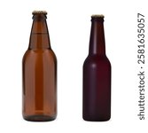 Brown glass beer bottle set, vector mockup template. Pub lager amber blank isolated illustration for label design. Craft ale brew packaging, no brand and logo on white background