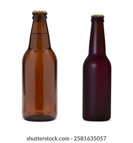 Brown glass beer bottle set, vector mockup template. Pub lager amber blank isolated illustration for label design. Craft ale brew packaging, no brand and logo on white background