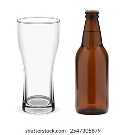 Brown glass beer bottle, transparent beer glass mockup. Isolated alcohol beverage bottle template, realistic vector illustration. Pub brewery glass for label blank, full package