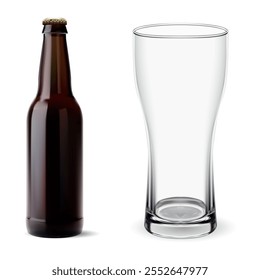 Braune Glasbierflasche mit Bierglas-Vektormockup. Bar Marke Handwerk Ale, transparente Glaswaren Verpackungskonzept. Frische Lager Getränk Bernstein Flasche, Getränke Werbung