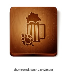Brown Glass of beer and hop icon isolated on white background. Wooden square button. Vector Illustration