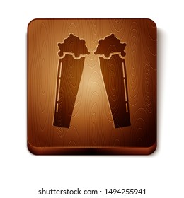 Brown Glass of beer icon isolated on white background. Wooden square button. Vector Illustration