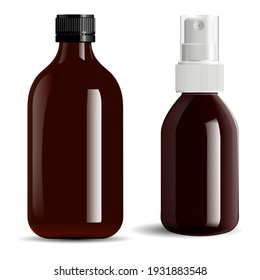 Brown glass bottle. Amber essential oil vial mockup. Screw cap apothecary spray bottle, pharmaceutical container. Prescription liquid cure jar concept, realistic design blank. E juice packaging