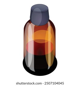 Botella de cristal marrón con el casquillo que contiene el líquido rojo, aislado en el fondo blanco