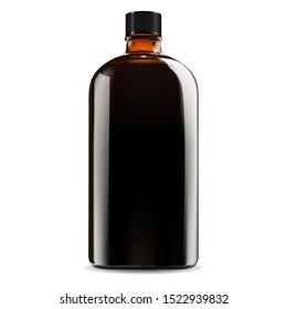 Brown Glass Bottle. Cosmetic, Medical Syrup Jar Mockup. Pharmacy Vector Vial Realistic Blank. Liquid Medicament Packaging Illustration With Screw Cap. Round Amber Cold Coffee Brew Storage