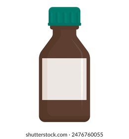 Brown glass bottle with green cap and empty label isolated on white background. Flat design