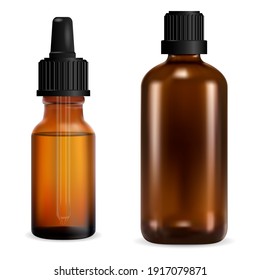 Brown glass bottle. Medical dropper container with black cap. Essential oil vial, cosmetic serum mock up. Amber template of pharmaceutical tincture packaging blank. Chemical jar, screw cap