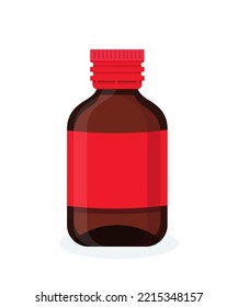 Brown glass bottle with medical liquid from pharmacy vector illustration. Cartoon isolated amber packaging with red screw cap and blank label filled with pharmaceutical product, vial with medicines