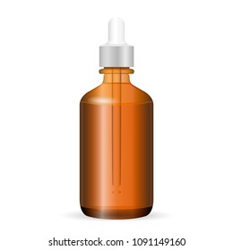Brown glass cosmetic bottle with dropper. Vector illustration. Jar for medicine, liquid, aroma oil. Realistic Transparent Packaging.