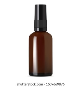 Brown glass dropper bottle. Amber pharmacy vial isolated on white. Aromatherapy perfume cosmetic storage. Plastic screw cap medical translucent jar. Chemical liquid flacon. Medicament storage