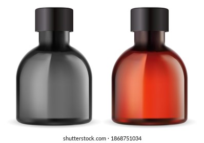 Brown glass essential oil bottle vector mockup with black lid. Small pharmacy medicine bottles blank, black and amber. Apotthecary blank design template with screw cap. Syrup flask