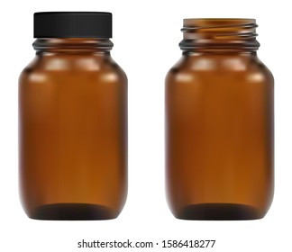 Brown glass medical bottle. Apothecary container illustration. Pharmacy pill amber vial 3d template design. Transparent packaging for essential oil. Black screw plastic cap transparent storage