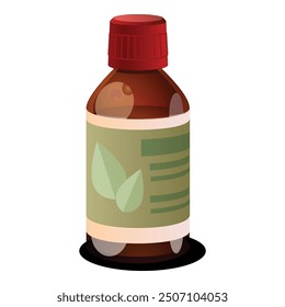 Brown glass medical bottle with red cap and green label with leaves is standing on white surface