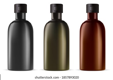 Brown glass medicine bottle. Essential oil vial isolated on white, amber, green and black template. Liquid pharmaceutical cyrup container design, apothecary drug mockup with screw cap