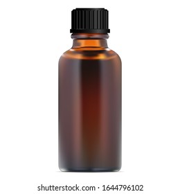 Brown glass pharmacy vial. Screw cap bottle design. Amber pharmaceutical flacon. Translucent container for liquid vitamin with black lid