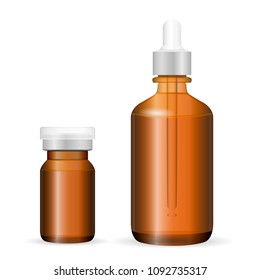 Brown glass or plastic bottle set for cosmetics, medicine. EPS Vector illustration. Injection and dropper bottles mockup, isolated on background.