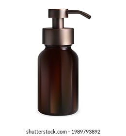 Brown glass pump bottle. Liquid soap dispenser cap cosmetics bottle. Realistic amber container mock up blank. Beauty lotion packaging template