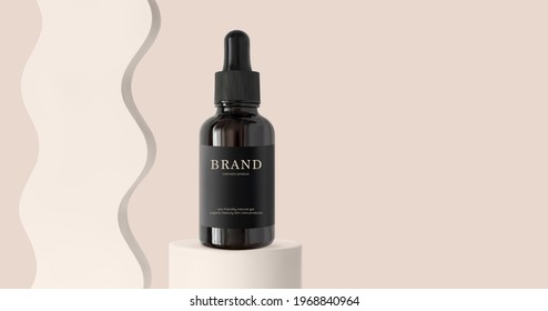 Brown glass serum with black dropper on cylinder podium stage and wave decor 3d realistic vector illustration. Skincare product ad mockup cosmetic on beige background banner. Minimalist scene