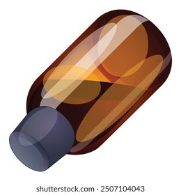 Brown glass syrup bottle lying with blue cap, isolated on white background