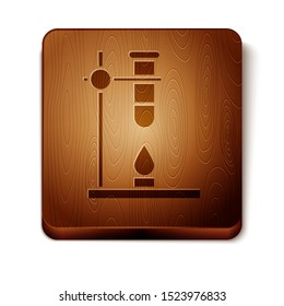 Brown Glass test tube flask on fire heater experiment icon isolated on white background. Laboratory equipment. Wooden square button. Vector Illustration