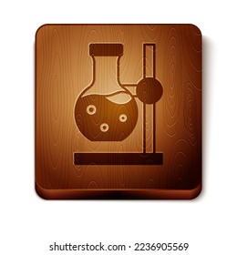 Brown Glass test tube flask on stand icon isolated on white background. Laboratory equipment. Wooden square button. Vector