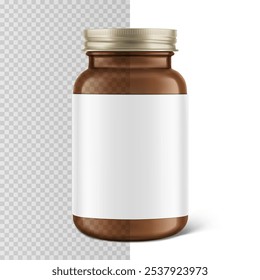 Frasco de montagem largo de vidro marrom com tampa de rosca e etiqueta de montagem para guloseimas, vitaminas, suplementos isolados em fundo branco e transparente. Ilustração vetorial. Pronto para o seu design. EPS10