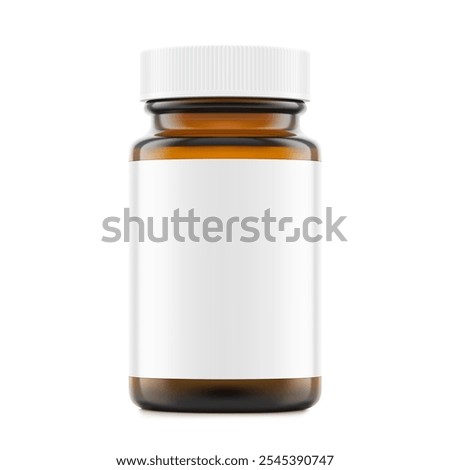 Brown glass wide mount bottle with screw cap and label mockup for treats, vitamins, supplements isolated on white background. Vector illustration. Ready for your design. EPS10.