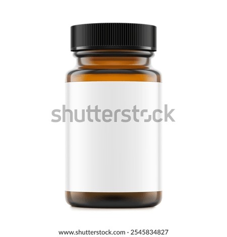 Brown glass wide mount bottle with screw cap and label mockup for treats, vitamins, supplements isolated on white background. Vector illustration. Ready for your design. EPS10.