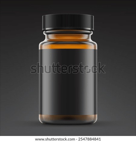 Brown glass wide mount bottle with screw cap and label mockup for treats, vitamins, supplements on black background. Vector illustration. Ready for your design. EPS10.