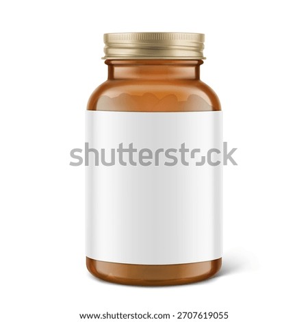 Brown glass wide mount bottle with screw cap and label mockup for treats, vitamins, supplements isolated on white background. Vector illustration. Ready for your design. EPS10.
