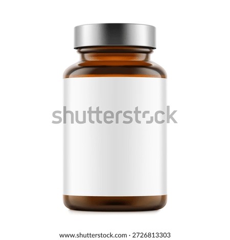 Brown glass wide mount bottle with screw cap and label mockup for treats, vitamins, supplements isolated. Vector illustration on white background. Ready for your design. EPS10.