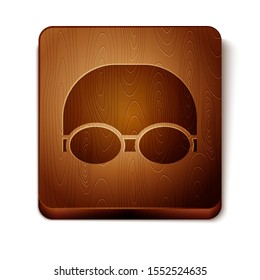 Brown Glasses and cap for swimming icon isolated on white background. Swimming cap and goggles. Diving underwater equipment. Wooden square button. Vector Illustration