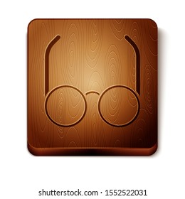 Brown Glasses icon isolated on white background. Eyeglass frame symbol. Wooden square button. Vector Illustration