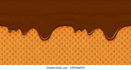 Brown glaze flows down on a waffle background. Horizontal seamless appetizing element with smudges. Template for frosting cone of ice cream. Vector illustration