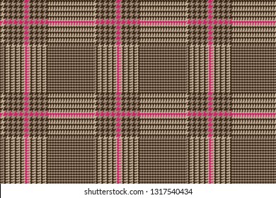 Brown Glen Plaid Seamless Vector Pattern with Deep Pink Overcheck. Prince of Wales Check. Classic 9x9 Houndstooth Textile Print. Traditional Scottish Fabric. Pixel Pattern Tile Swatch Included.