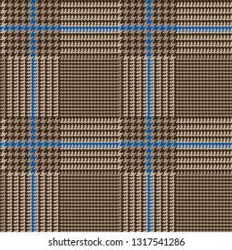 Brown Glen Plaid Seamless Vector Pattern with Blue Overcheck. Prince of Wales Check. Classic 9x9 Houndstooth Textile Print. Traditional Scottish Fabric. Pixel Pattern Tile Swatch Included.