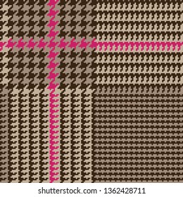 Brown Glen Plaid Seamless Vector Pattern with Deep Pink Overcheck. Prince of Wales Check. Classic 9x9 Houndstooth Textile Print. Traditional Scottish Fabric. Pixel Pattern Tile Swatch Included.